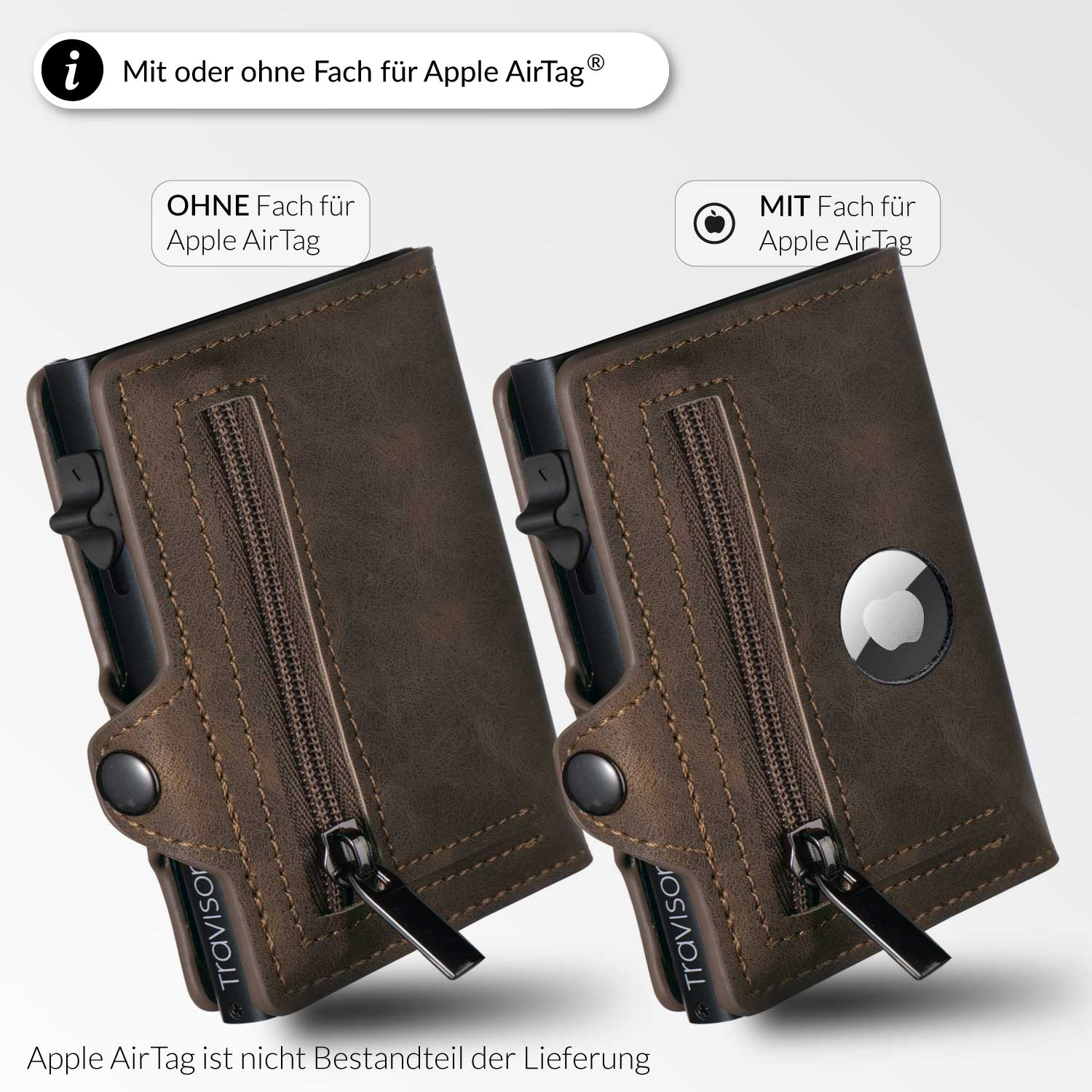 Smart Wallet in Braun im Vergleich mit und ohne AirTag-Fach/Braun/Nein