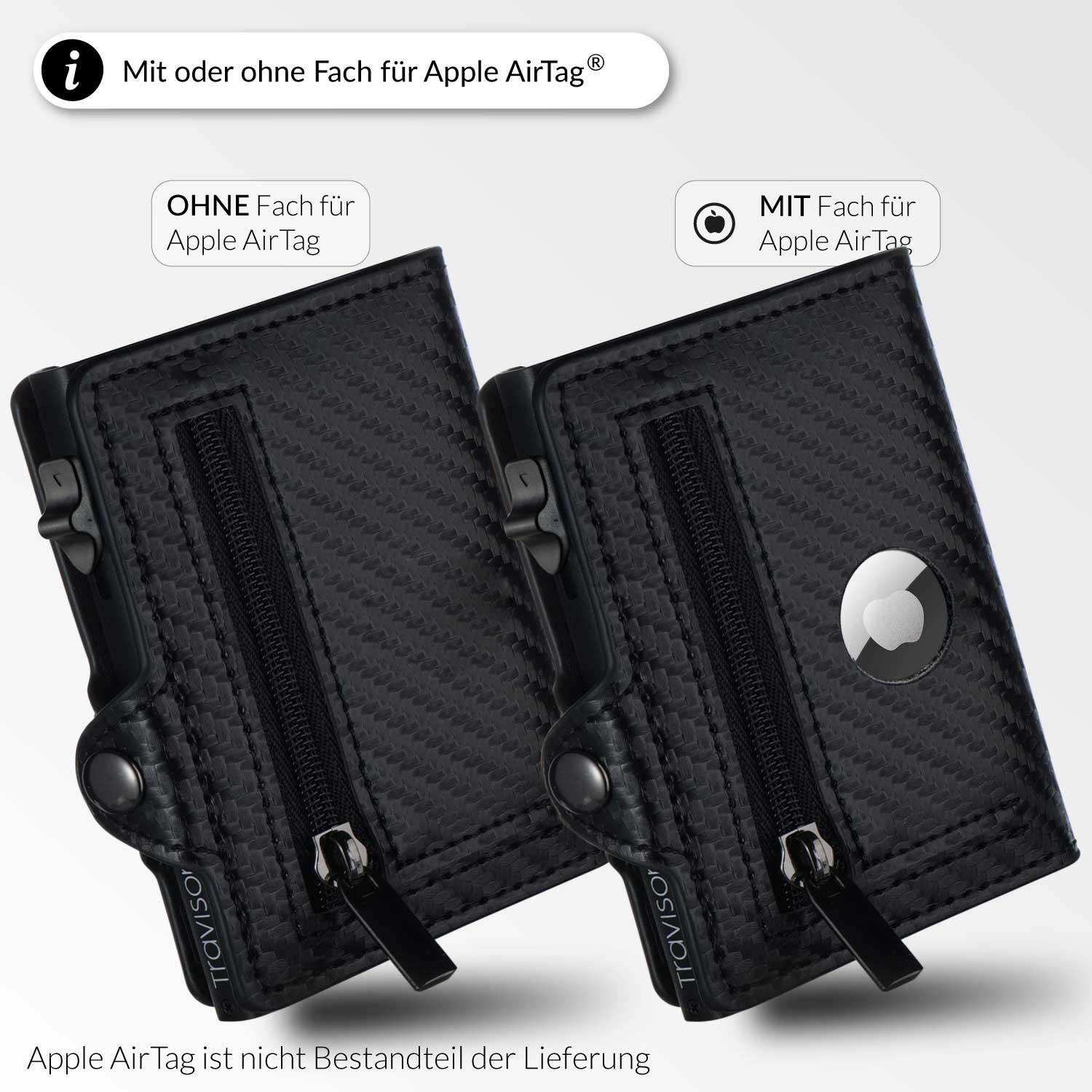 Das Smart Wallet in der Farbe carbon im Vergleich mit und ohne Fach für das AirTag/Carbon/Ja