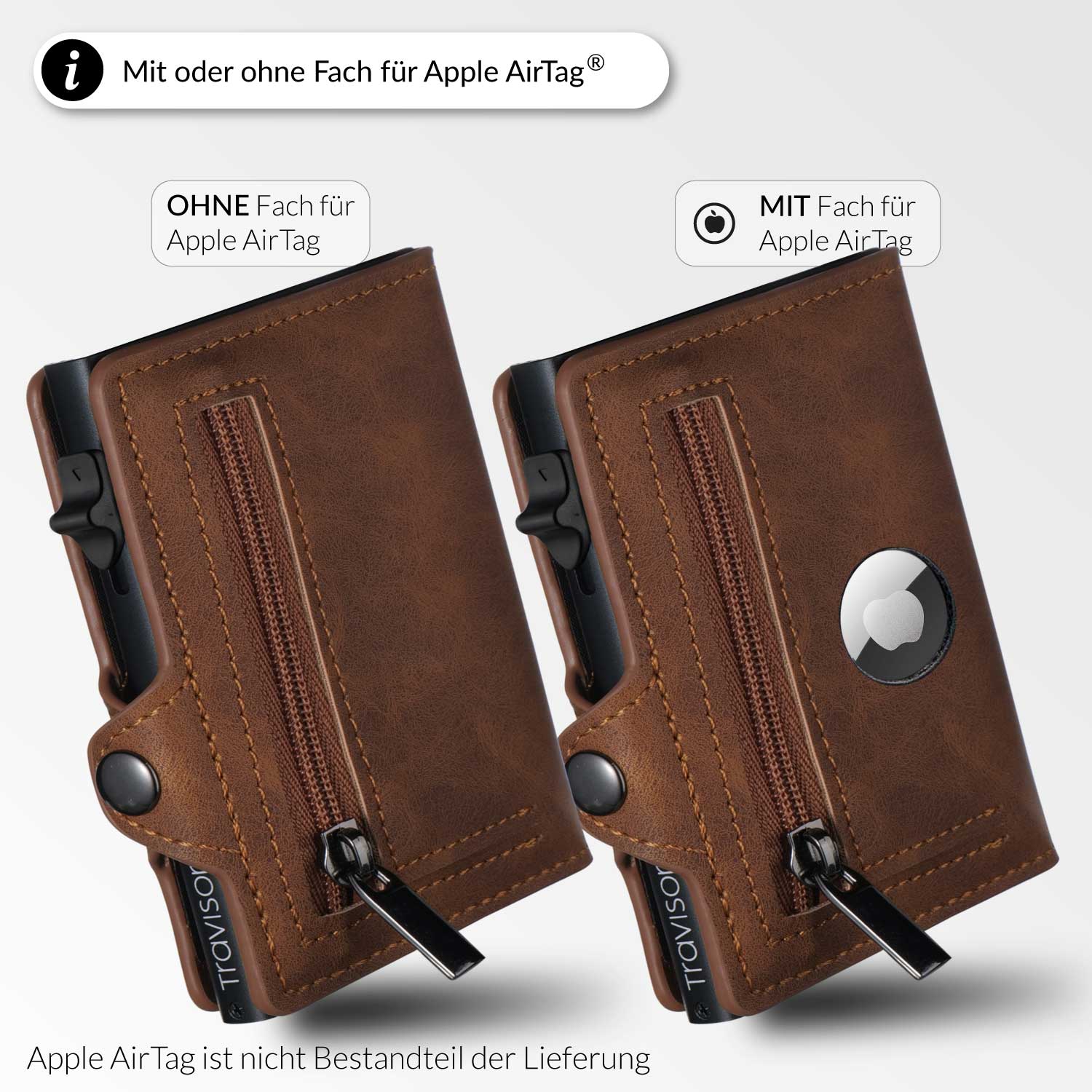 Smart Wallet von Travison in Hellbraun - Vergleich mit und ohne AirTag-Fach/Hellbraun/Nein