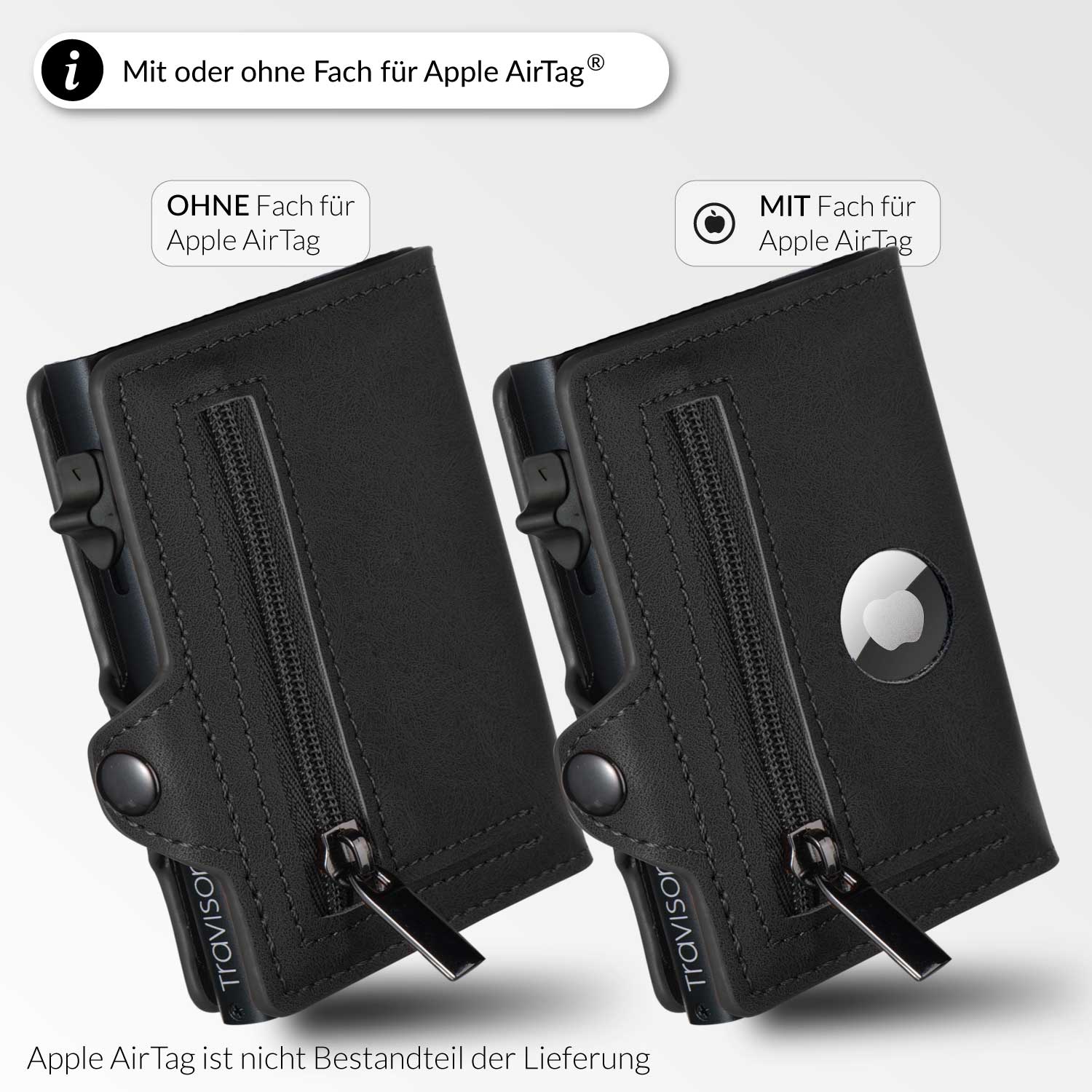 Das Smart Wallet in der Farbe Schwarz im Vergleich mit und ohne Fach für das AirTag/Schwarz/Ja