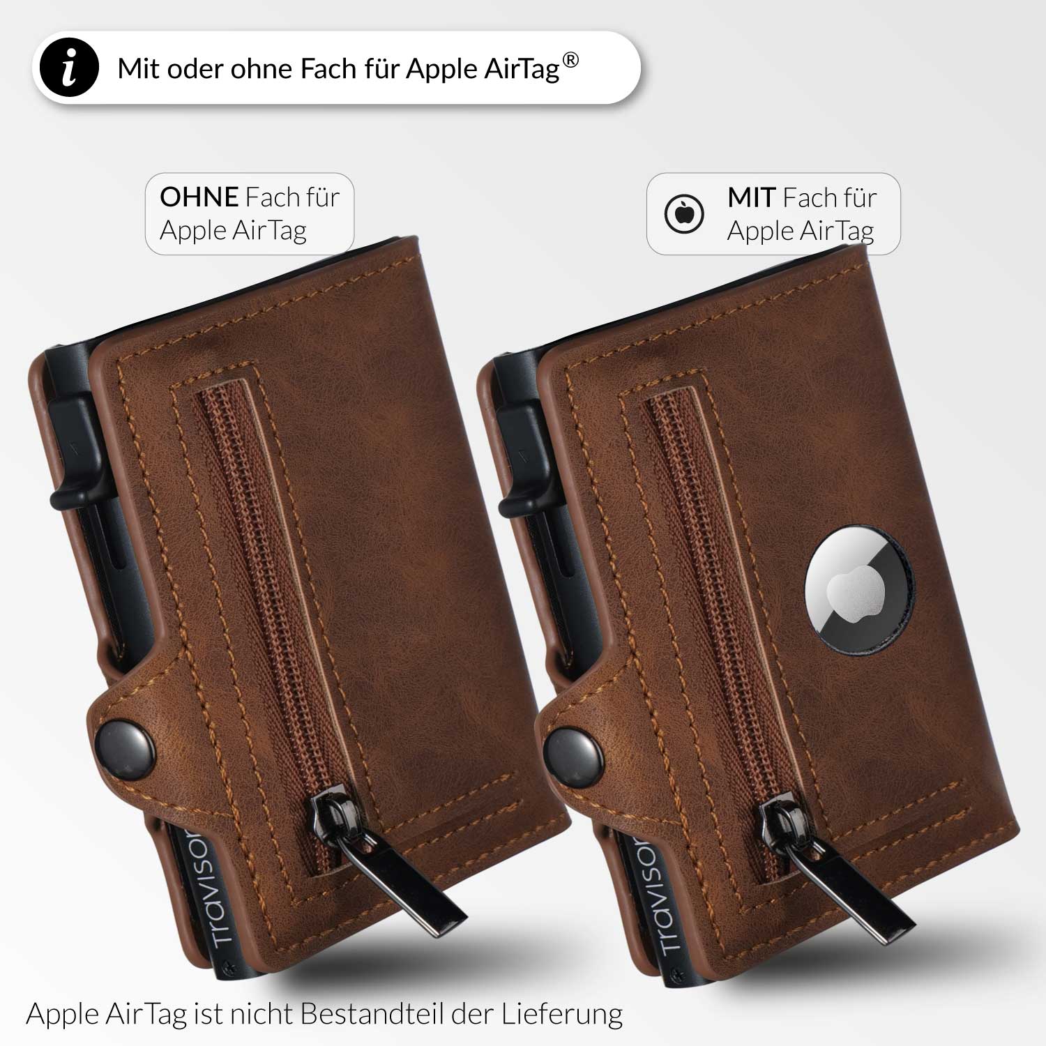 Das Smart Wallet in der Farbe hellbraun im Vergleich mit und ohne Fach für ein Apple AirTag/Hellbraun/Ja