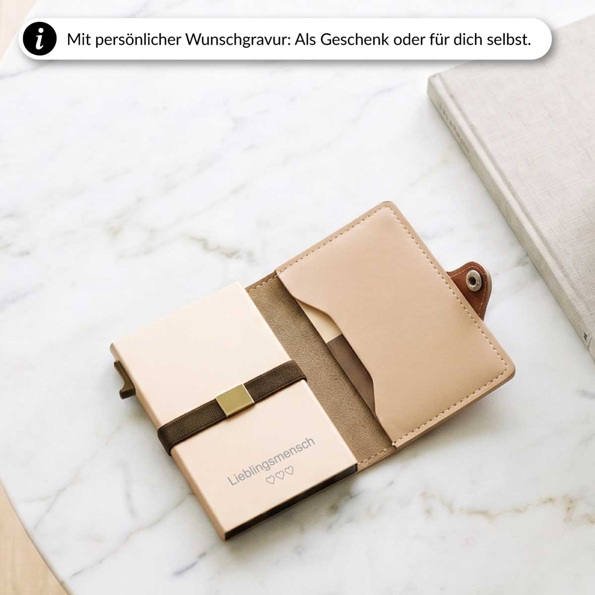 Smart Wallet für Frauen Kleine Geldbörse mit persönlicher Gravur als Geschenkidee/Beige/Ja