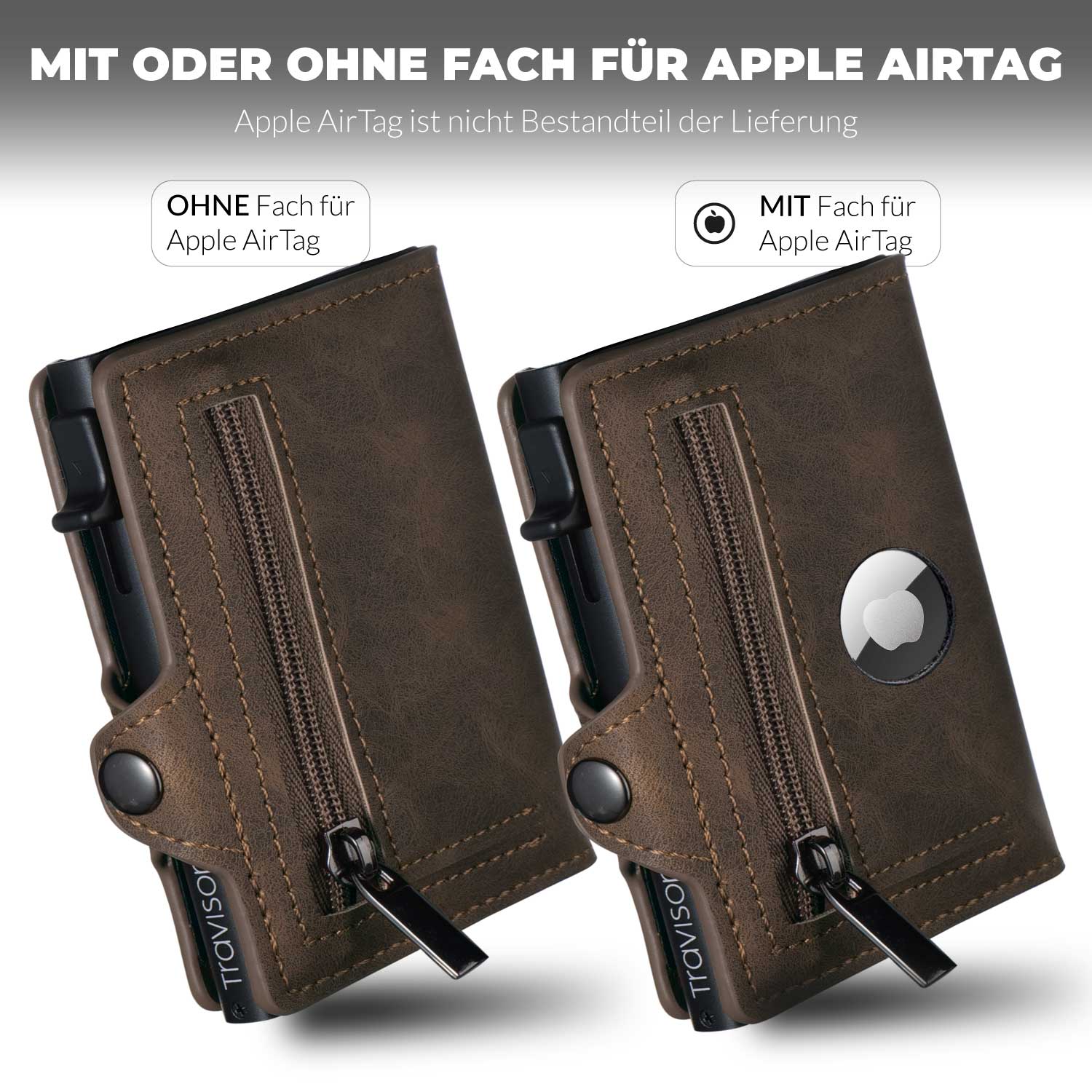 Das Smart Wallet in der Farbe braun im Vergleich mit und ohne Fach für das AirTag/Braun/Ja