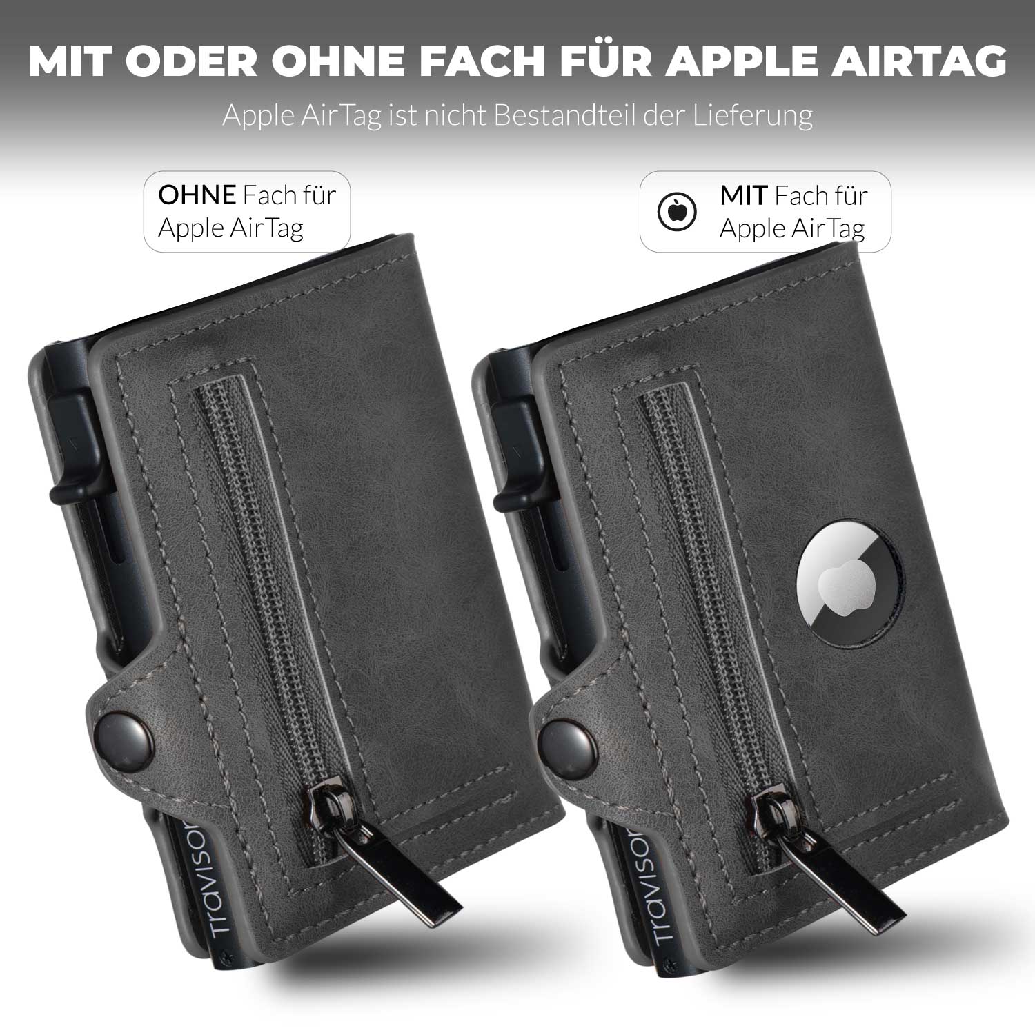 Das Smart Wallet in der Farbe Grau im Vergleich mit und ohne Fach für das AirTag/Grau/Ja