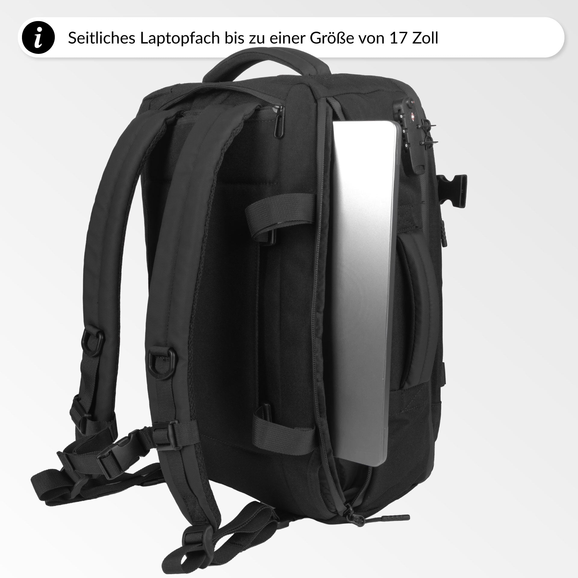 Travison Rucksack Travelpack Lite 26L mit Laptopfach – geöffnet mit sichtbarem 17-Zoll-Laptop