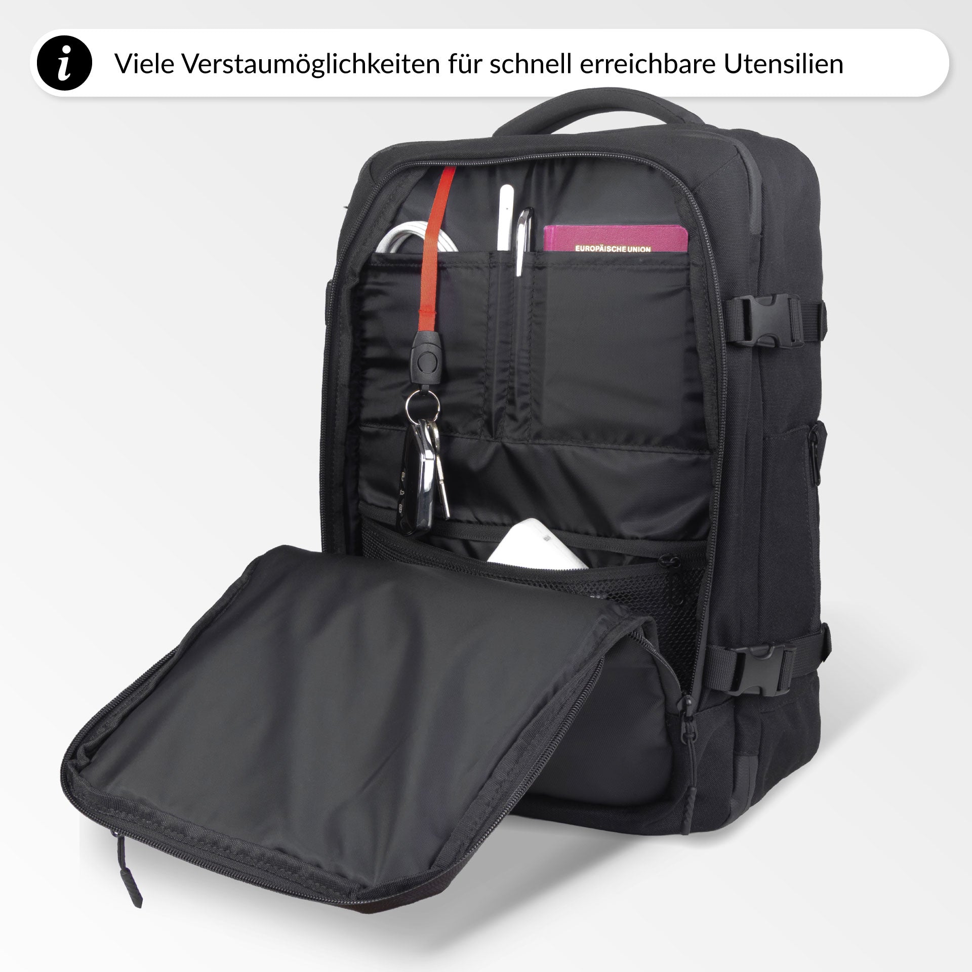Travison Travelpack Lite Reiserucksack mit geöffneter Fronttasche und Reisedokumenten